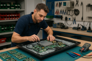 Técnico reparando televisor en taller Sator Electrónica