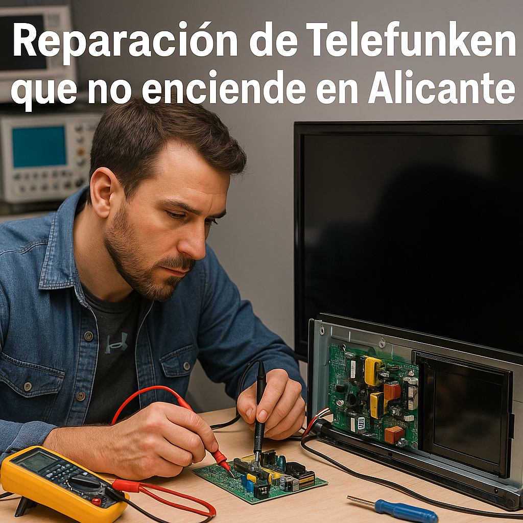 Placa base de televisor Telefunken con placas y herramientas en taller de reparación.