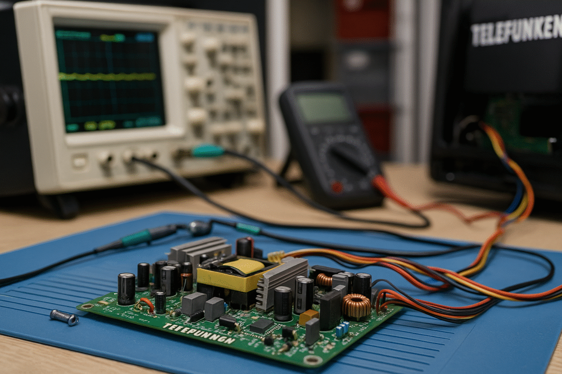 Placa de alimentación de televisor Telefunken desmontado con herramientas en taller de electrónica