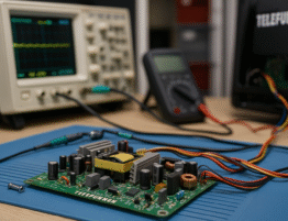 Placa de alimentación de televisor Telefunken desmontado con herramientas en taller de electrónica