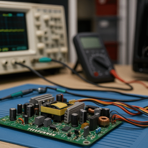 Placa de alimentación de televisor Telefunken desmontado con herramientas en taller de electrónica