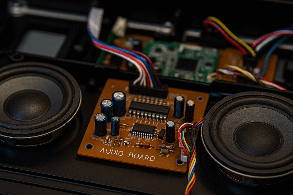 Técnico comprobando tarjeta de audio y circuitos de un televisor Loewe sin sonido en un taller de electrónica