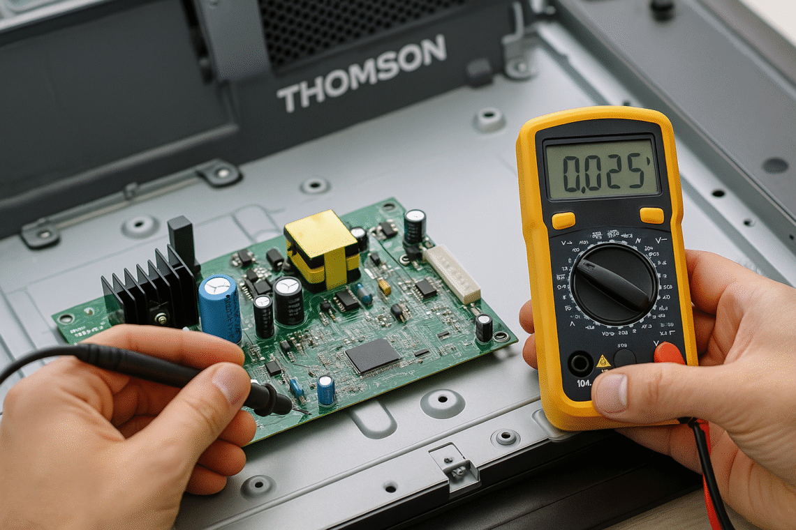 Técnico reparando placa de televisor Thomson que se apaga solo en taller de electrónica en Alicante