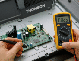 Técnico reparando placa de televisor Thomson que se apaga solo en taller de electrónica en Alicante