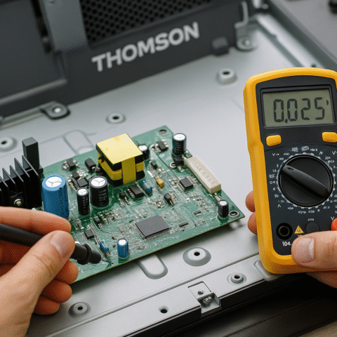 Técnico reparando placa de televisor Thomson que se apaga solo en taller de electrónica en Alicante