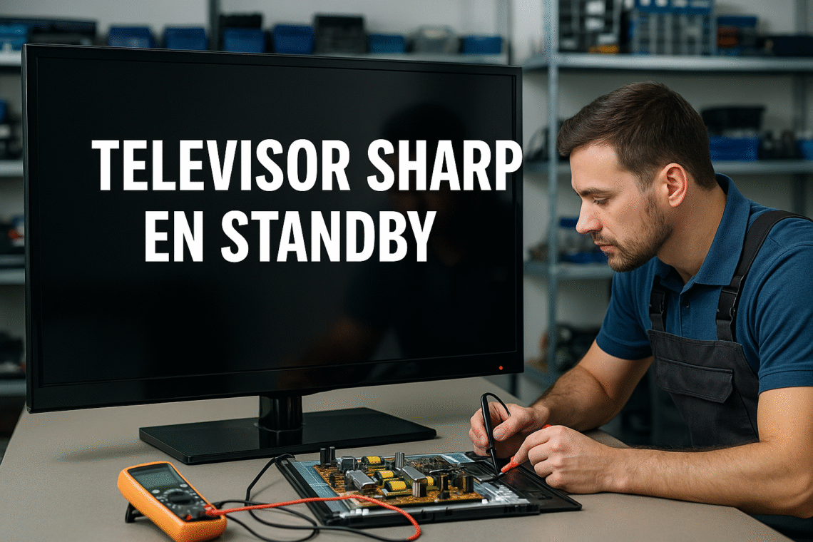 Ilustración de un técnico junto a un televisor Sharp en standby en un banco de reparación