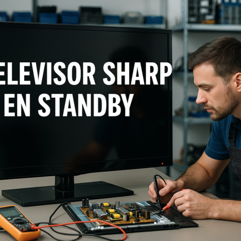 Ilustración de un técnico junto a un televisor Sharp en standby en un banco de reparación