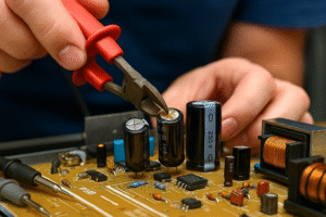 Técnico reparando placa electrónica de televisor Sharp en modo standby en taller de electrónica