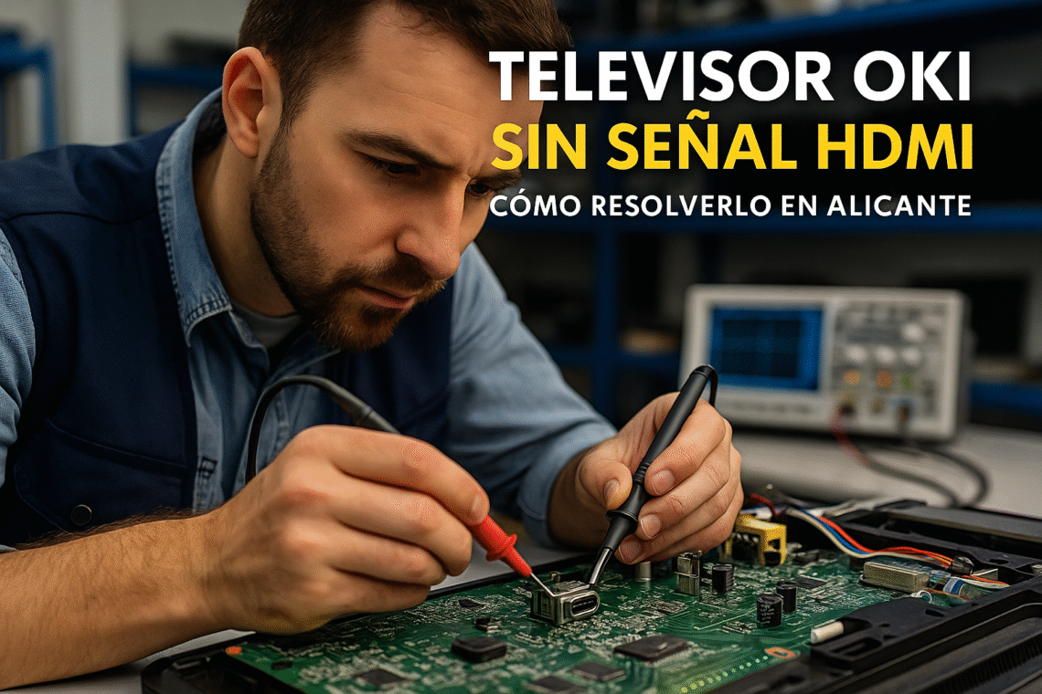 Técnico revisando puerto HDMI de televisor Oki sin señal, en taller de electrónica en Alicante