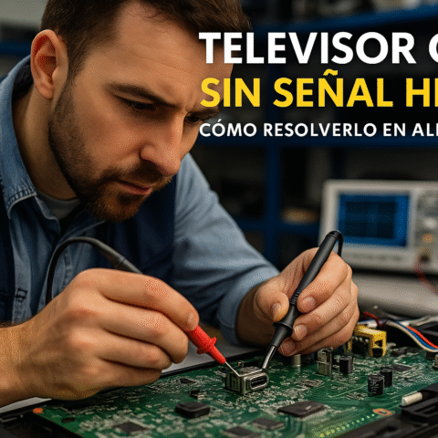 Técnico revisando puerto HDMI de televisor Oki sin señal, en taller de electrónica en Alicante