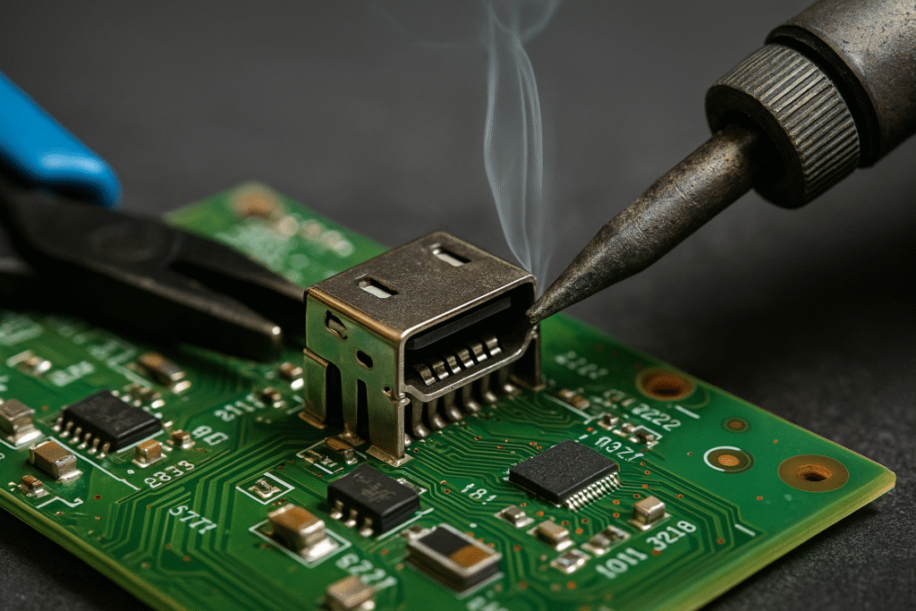Técnico reparando puerto HDMI sin señal de televisor Oki en Sator Electrónica Alicante