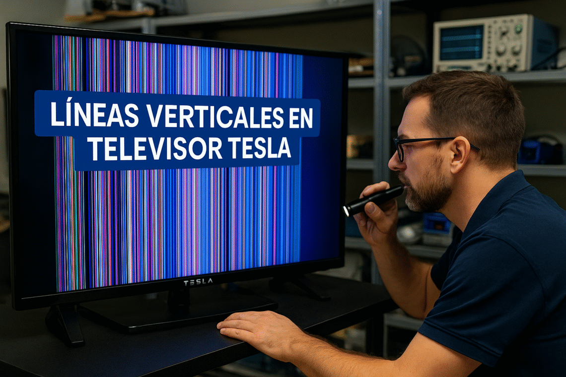 Televisor Tesla con líneas verticales visto de cerca en taller de electrónica
