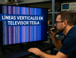 Televisor Tesla con líneas verticales visto de cerca en taller de electrónica