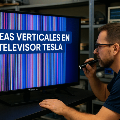 Televisor Tesla con líneas verticales visto de cerca en taller de electrónica