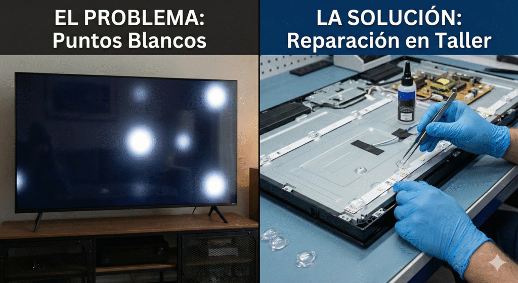 Técnico de Sator Electrónica recolocando con precisión una lente difusora LED caída en el interior de un televisor abierto