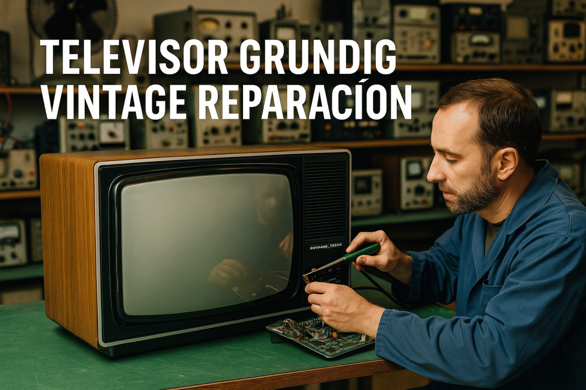 Técnico reparando televisor Grundig vintage con pantalla verde en el taller
