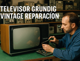 Técnico reparando televisor Grundig vintage con pantalla verde en el taller