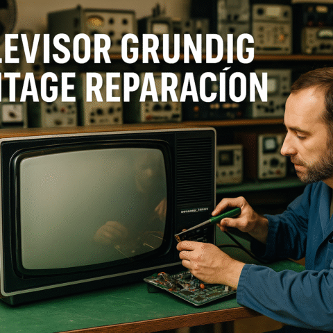 Técnico reparando televisor Grundig vintage con pantalla verde en el taller