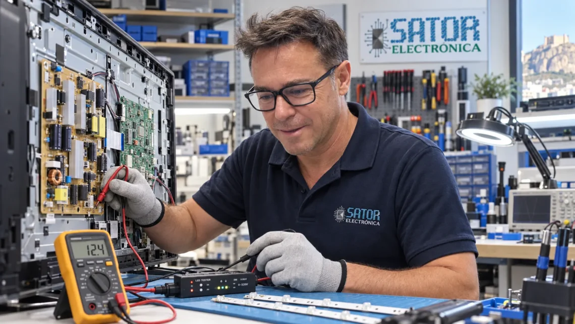 Guillermo reparando un televisor LED en Sator Electrónica Alicante