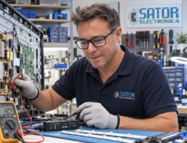 Guillermo reparando un televisor LED en Sator Electrónica Alicante