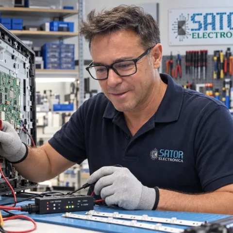 Guillermo reparando un televisor LED en Sator Electrónica Alicante