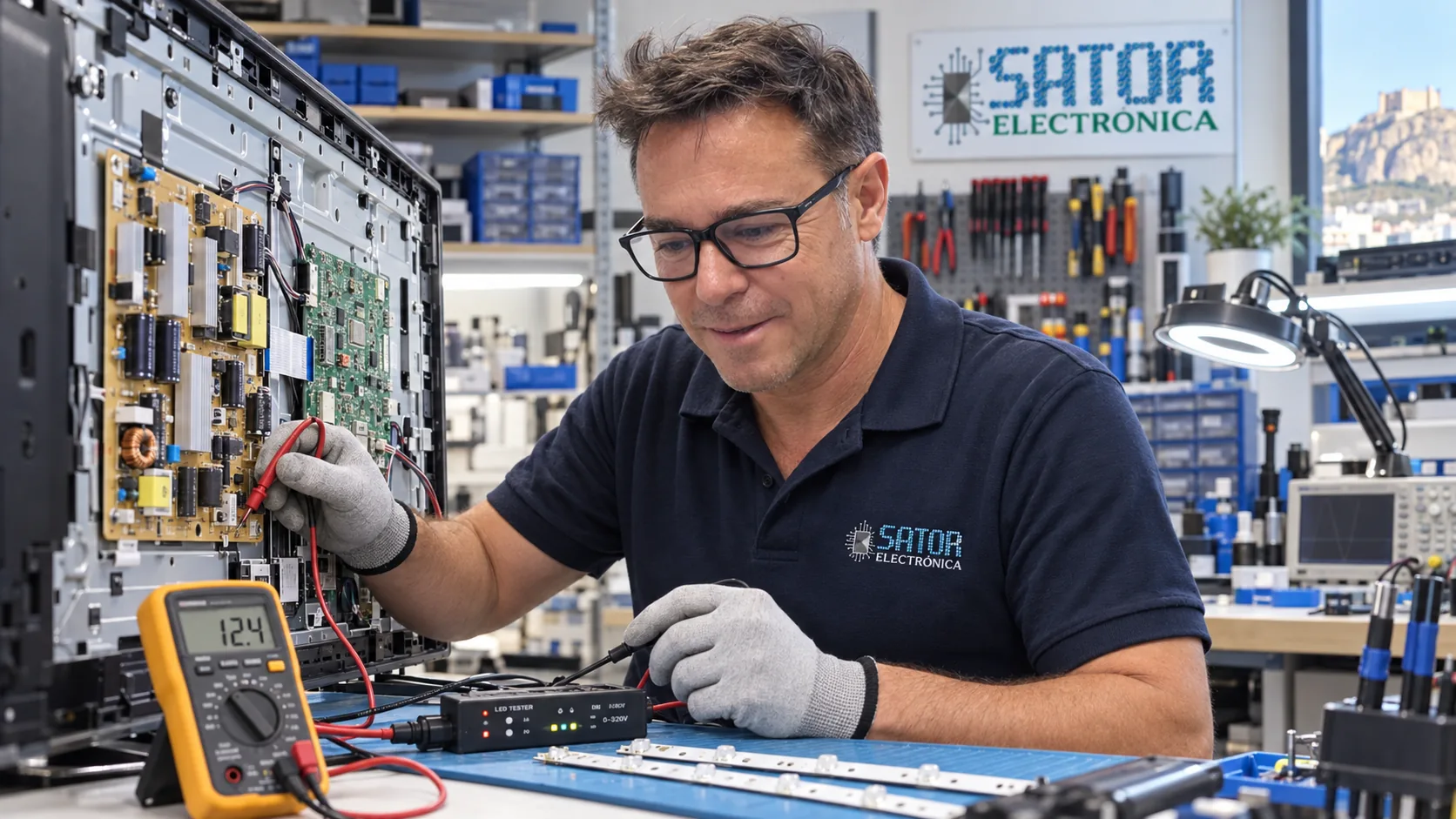 Guillermo reparando un televisor LED en Sator Electrónica Alicante