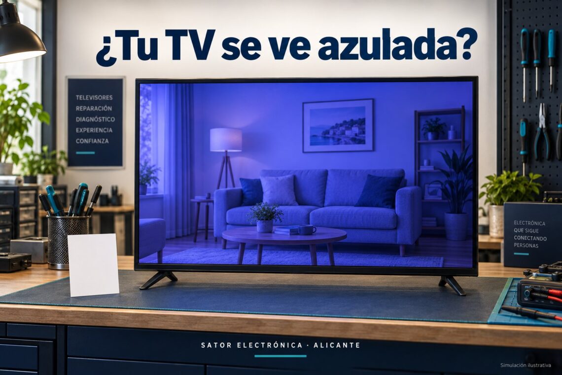Simulación de un televisor con dominante azul y violeta en toda la imagen