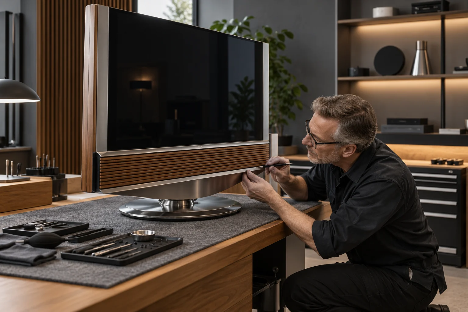 Técnico reparando un televisor Bang & Olufsen