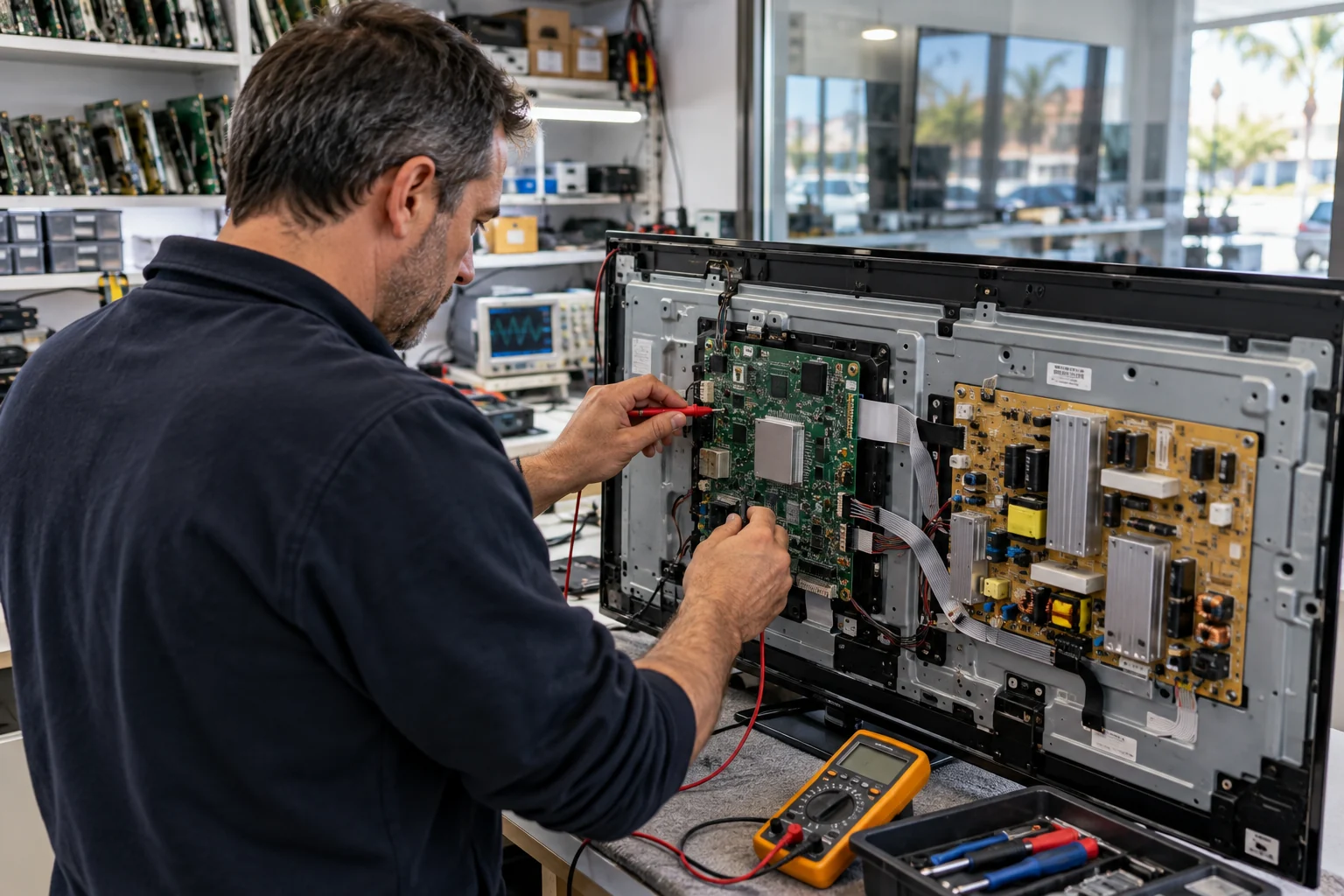 Técnico diagnosticando un televisor KIVI en Alicante