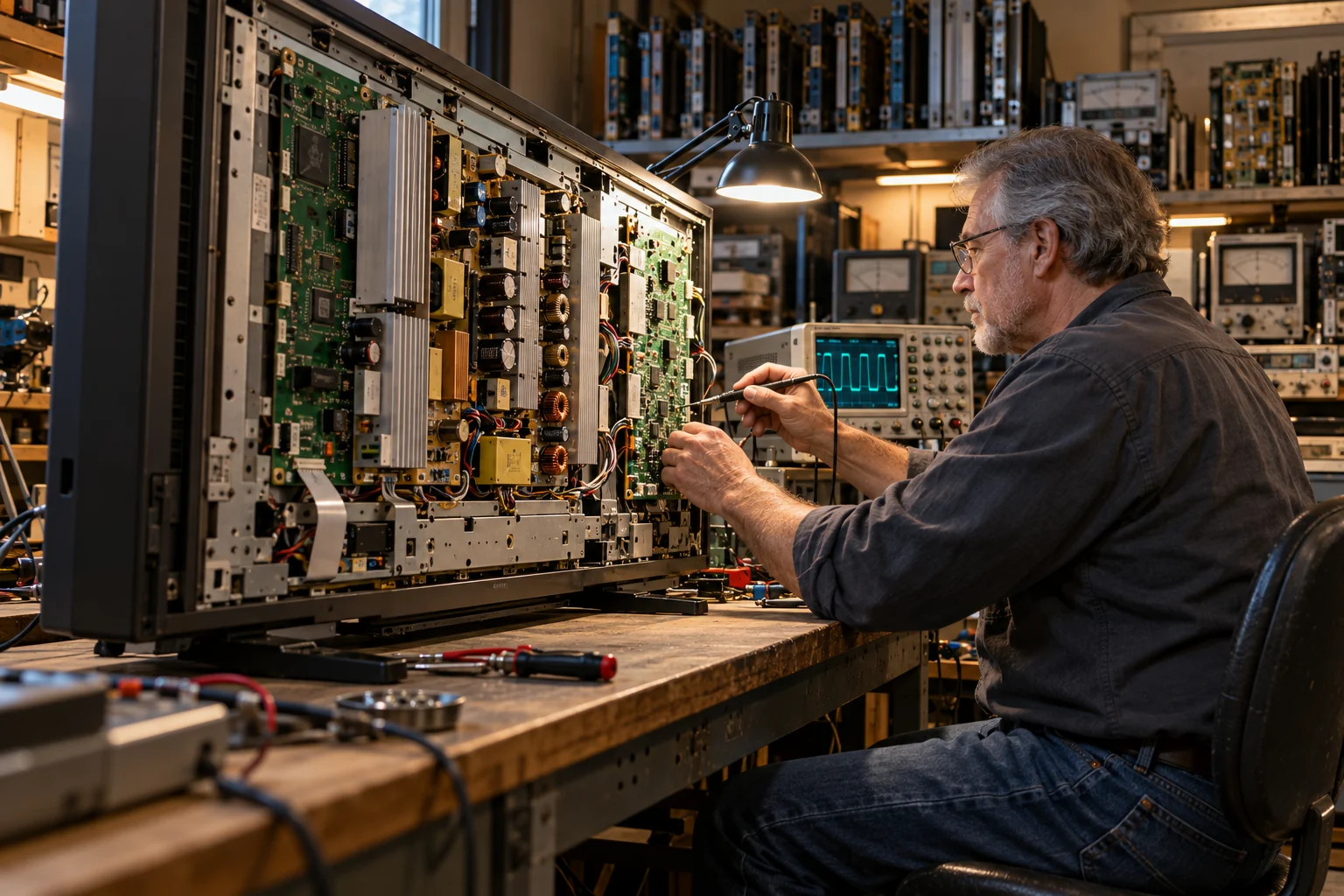 Técnico reparando un televisor Pioneer plasma antiguo