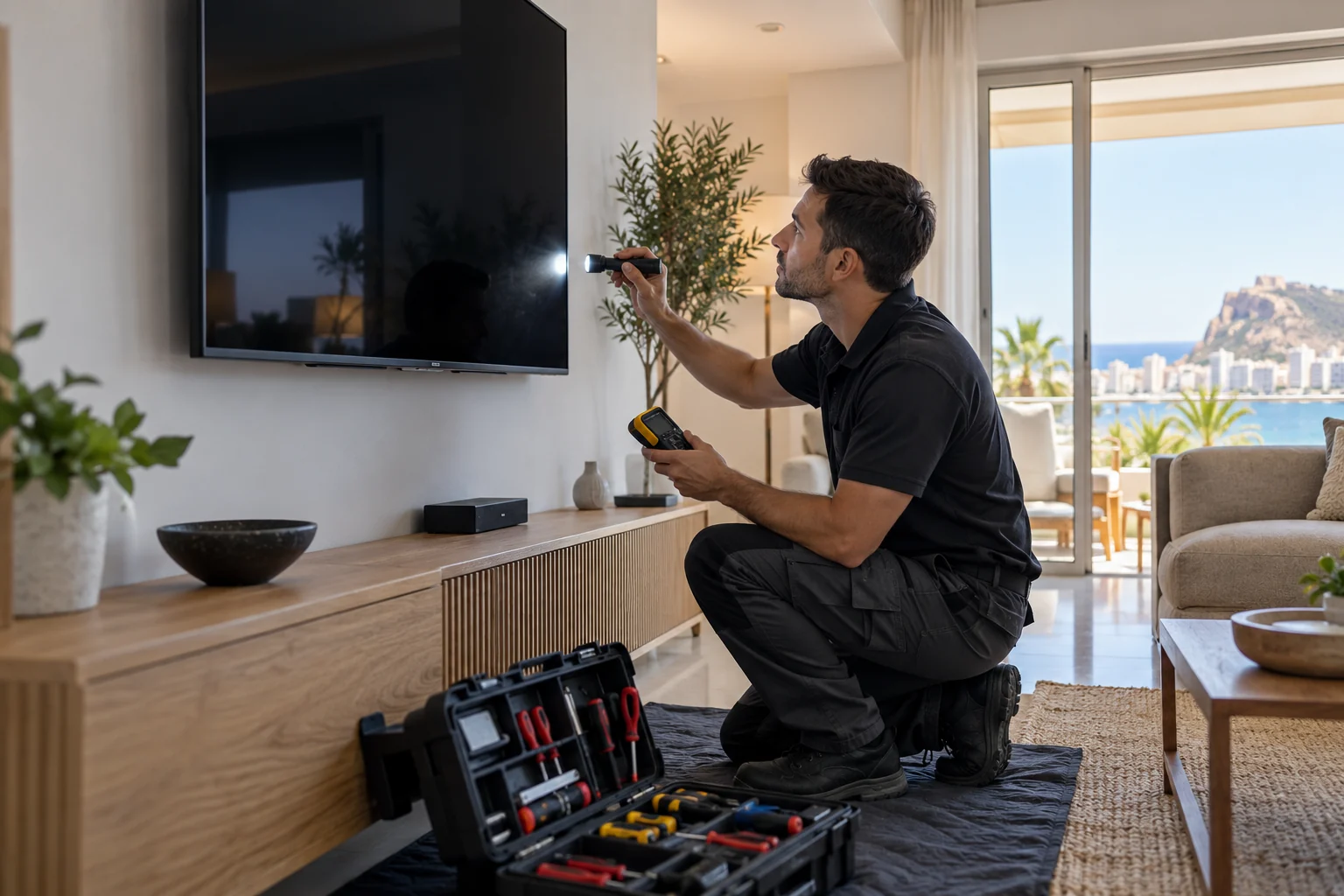Técnico comprobando un televisor Strong con pantalla oscura
