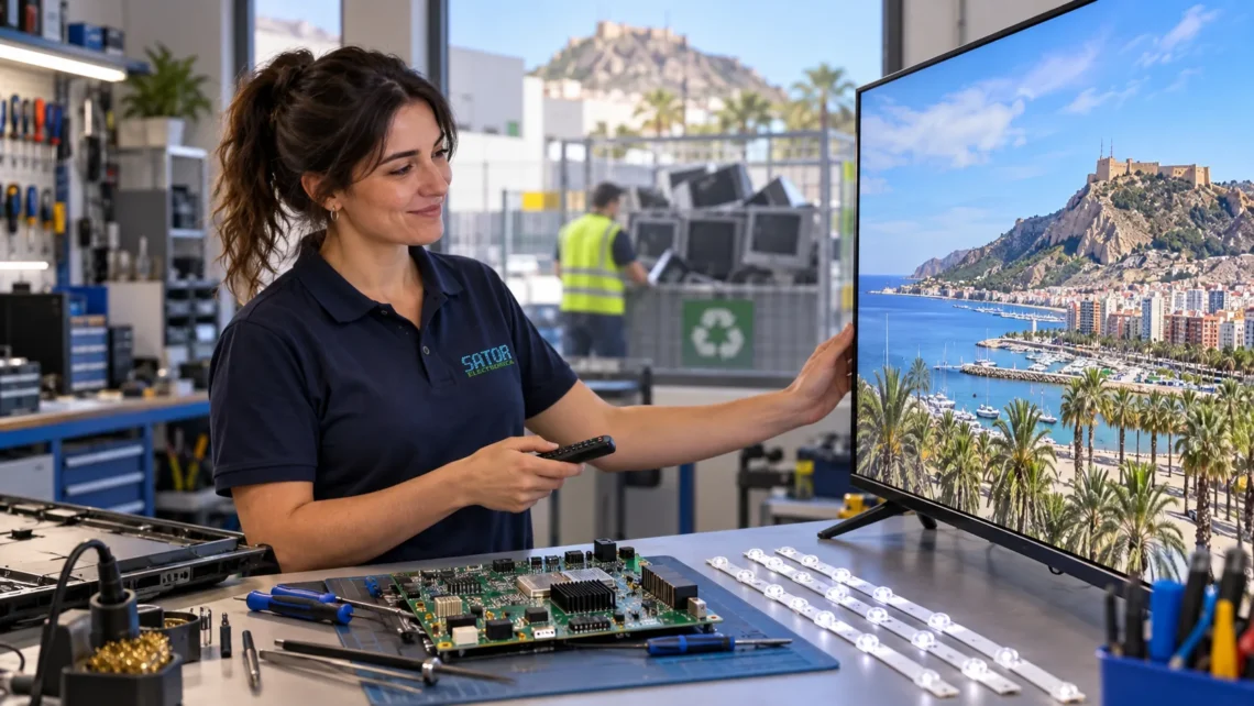 Técnica de Sator prueba un televisor reparado y reduce residuos electrónicos