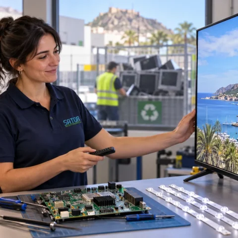 Técnica de Sator prueba un televisor reparado y reduce residuos electrónicos