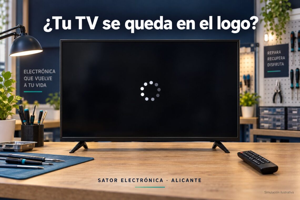 Simulación de un televisor bloqueado durante el arranque con un símbolo de carga