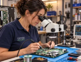 Técnica de Sator reparando la placa electrónica de un Smart TV