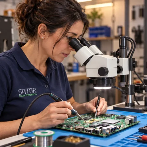 Técnica de Sator reparando la placa electrónica de un Smart TV