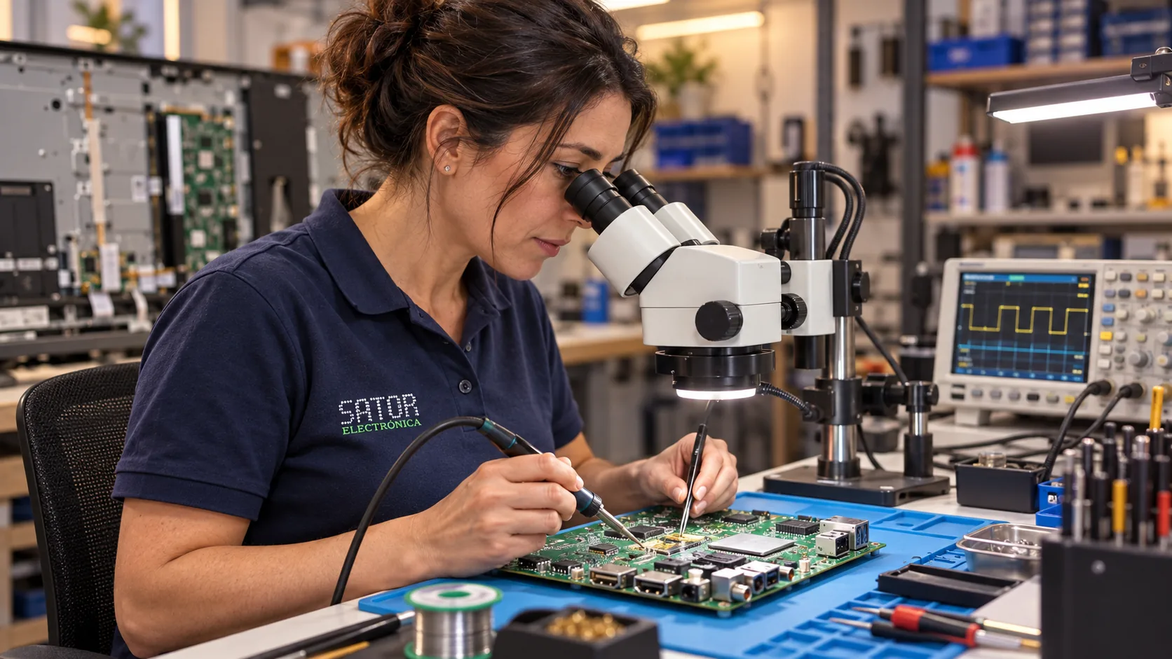 Técnica de Sator reparando la placa electrónica de un Smart TV